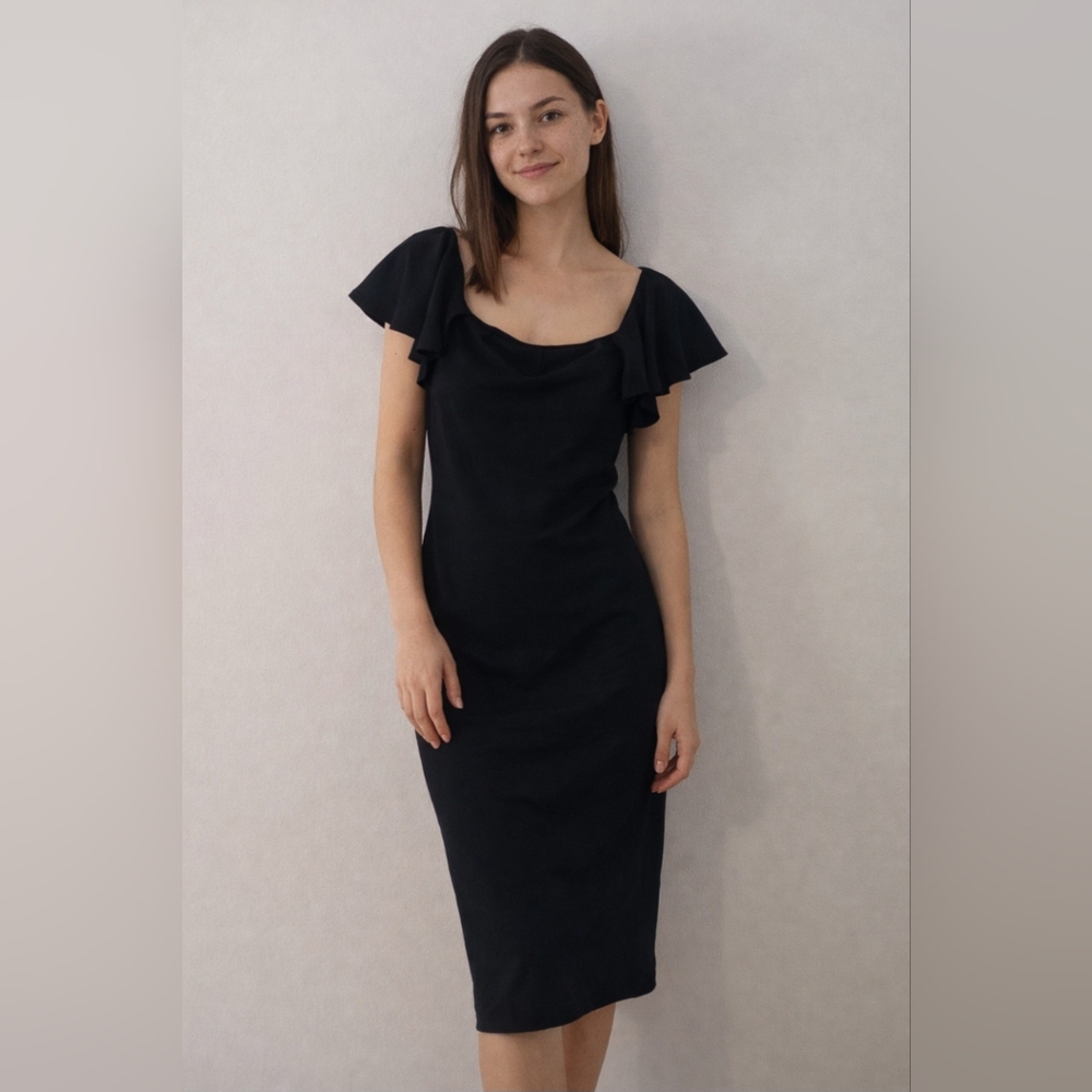 Carbon38 Black Off Shoulder Ruffle Sleeve Bodycon Midi Dress NWOT Medium